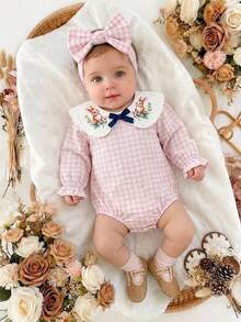 SHEIN Vintaside Kids 女嬰田園風刺繡娃娃大領結蝴蝶結可愛荷葉邊鬆緊袖口長袖連身衣 秋季 - 粉色 - 查看 3