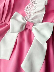 Vestido dulce con decoración de lazo y patchwork de encaje para niña preadolescente - Rosa - Ver 11
