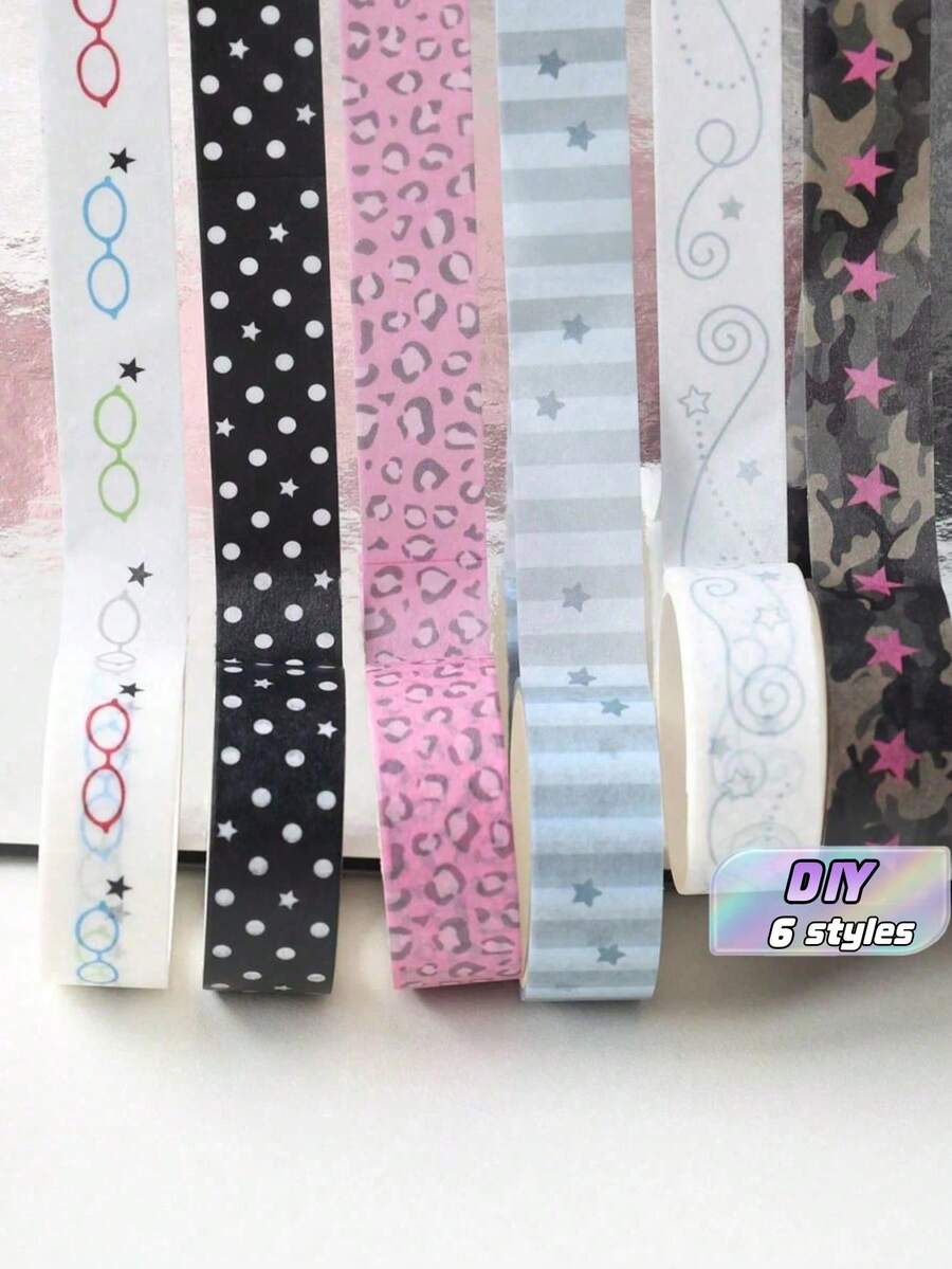 One Roll Stationery And Drawing Tape, Featuring Star-Shaped Glasses, Polka Dots, And Black Pattern Decorations For Collage. DIY Craft Material Tape Roll, Suitable For Decorating Books And Students With Leopard Print. - Roll - View 1