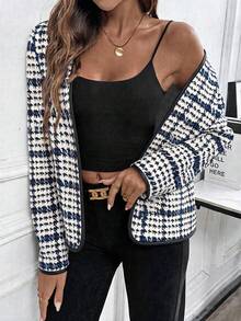 SHEIN LUNE Women's Round Neck Contrast Edge Houndstooth Print Minimalist Fashion Casual Jacket For Daily Wear, Party, Holiday - Multicolor - View 6
