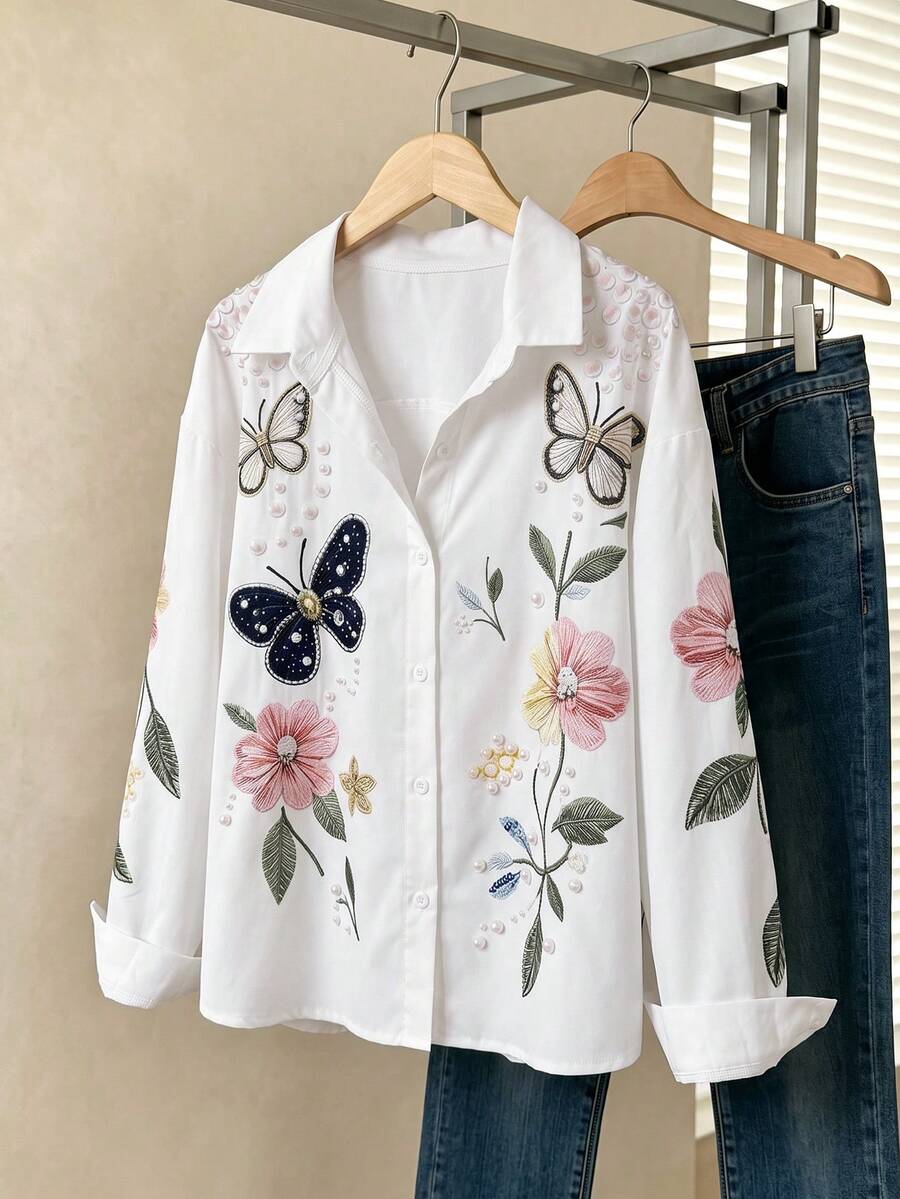 SHEIN 青少年女孩休閒街頭校園風翻領長袖前開鈕扣燒花花卉蝴蝶圖案百搭秋冬上衣襯衫 - 白色 - 查看 1