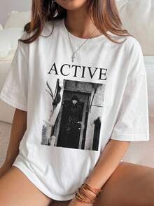 DAZY Figure & Letter Graphic Drop Shoulder Tee Oversized T-Shirt Preppy Tops - White - View 1