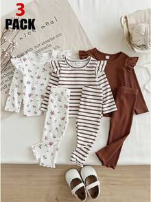 SHEIN Vintaside Kids 女嬰 3 件組春夏/秋冬長褲套裝，花卉數位印花 + 條紋數位印花 + 素色，3 件休閒簡約可愛長褲，適合戶外活動與休閒穿著 - 彩色 - 查看 1