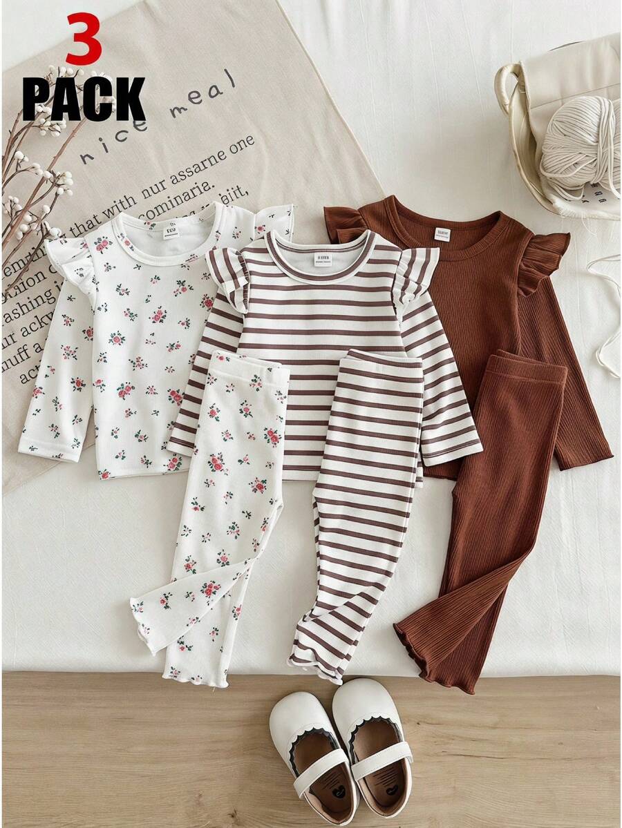 SHEIN Vintaside Kids 女嬰 3 件組春夏/秋冬長褲套裝,花卉數位印花 + 條紋數位印花 + 素色,3 件休閒簡約可愛長褲,適合戶外活動與休閒穿著 - 彩色 - 查看 1