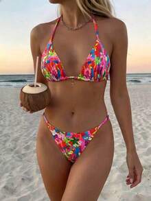 Vaclyn Women's Spring/Summer Random Print Halter Neck Metal Decor Bikini Set - Multicolor - View 1