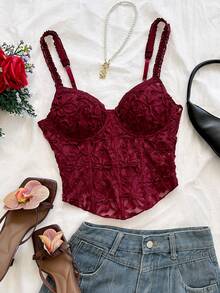 Soleia Spring/Summer Casual Vacation Lace Sheer Fishbone Tank Top For Beach And Wedding - Burgundy - View 4