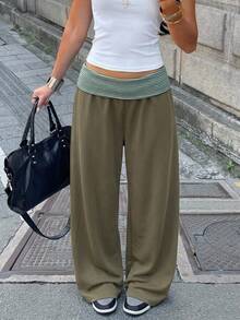 Aloruh Olive Green Striped Patchwork Waistband Sweatpants - Olive Green - View 3