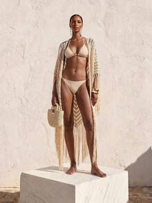 Zivah 2026 Nuovo copricostume kimono da donna stile scialle in maglia semi-trasparente color albicocca con nappine, casual per vacanze al mare, adatto per molteplici occasioni - Albicocca - Visualizzare 9