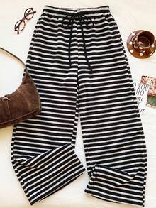 Comfortcana Women's Drawstring Waist Striped Casual Everyday Sweatpants - Black and White - View 6