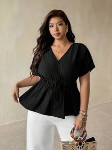 Auralis Plus Size Women Solid Color V-Neck Pleated Casual Versatile Daily Wear Blouse - Black - View 8