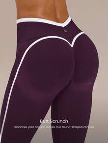 GLOWMODE 24" Ultrafine Soft Seamless V-Waist Contoured Scrunch Bum Contrast Seams Non-See-Through Leggings Running Workout Gym - Bold Plum - View 4