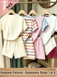 (Patrón Aleatorio, 1 Set Aleatorio) Camiseta Corta Básica y Pantalones Cortos con Estampado de Flores Coloridas, Rayas, Caras de Dibujos Animados y Corazones para Niña Joven, Beige, Rosa, Blanco - Multicolor - Ver 2