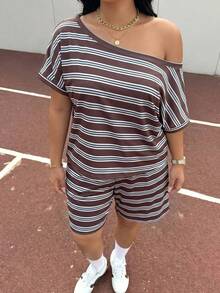 Muchica Plus Size Summer Casual Striped T-Shirt And Shorts 2 Pieces Set - Multicolor - View 3