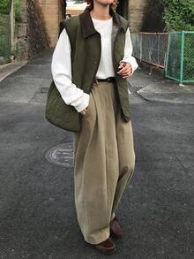 FRIFUL Women's Autumn Colorblock Diamond Quilted Padded Vest Jacket - Green - View 3