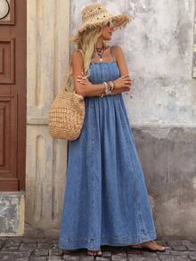 Brillora Damen Lässig Boho Urlaubs Spaghetti-Träger Denim Kleid Herbstkleidung Schulanfang Strandoutfits Land Hellblau - Mittele Waschung - Übersicht 5