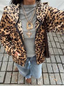 Muchica 女款休閒極簡珊瑚色豹紋連帽開襟運動衫，適合秋冬，薄款保暖內裡 - 彩色 - 查看 5