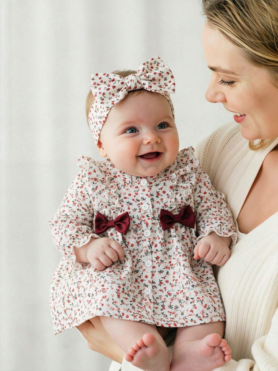 SHEIN Vintaside Kids 新生女嬰杏色圓領荷葉邊卡通櫻桃印花長袖紅色蝴蝶結洋裝,優雅可愛,四季皆宜,新款 - 彩色 - 查看 1