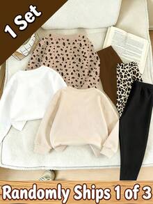 SHEIN 1 SET ALEATORIO Conjunto de sudadera de cuello redondo para niñas, disponible en estilos de estampado de leopardo completo con conejo, estampado de leopardo con lazo y corazón con lentejuelas, combinado con pantalones largos ajustados a juego, diseño dulce y fresco de moda, adecuado para salidas, compras y uso diario, primavera, otoño e invierno - Negro - Ver 2