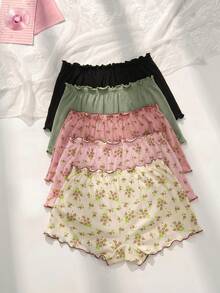 PetitDoll Paquete de 5 bragas tipo short de algodón cómodo con estampado floral y ribete de volantes - Multicolor - Ver 2