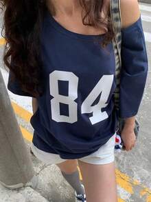 SHEIN 青少年女孩寬鬆休閒圖案印花T恤上衣，美式風格，夏季、度假、旅行 - 藏蓝色 - 查看 1