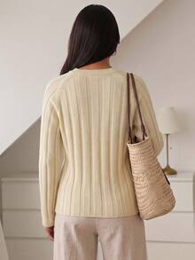 Duskaine Women's Solid Color Raglan Long Sleeve Casual Elegant Crew Neck Sweater Work Everyday Cream Fall - Khaki - View 2