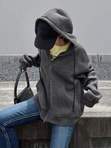 FRIFUL Women's Korean Style Autumn Solid Color Hooded Fleece Lined Double Zipper Jacket Sweatshirt Oversized T Shirts For Women - Grey - View 3