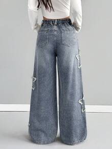 SHEIN Girlism 青少年女孩磨邊星形藍色牛仔寬鬆寬腿褲 世界盃 日 海灘 - 藍色 - 查看 4