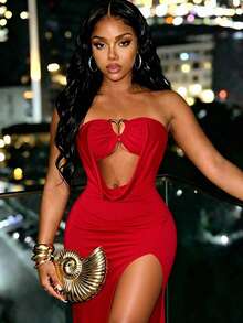 BamGleam Women's Solid Color Hollow Cutout Design Sexy Party Strapless Dress - Red - View 2