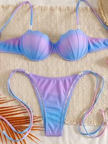 SHEIN Swim 夏季新款跨境 INS 風格性感三角繫帶比基尼美人魚貝殼比基尼套裝女款，螢光藍粉漸層兩件式泳衣附珍珠飾品，海洋度假海灘比基尼套裝，甜美女孩風，溫泉海灘度假比基尼泳衣，生日派對度假海灘比基尼 - 彩色 - 查看 4