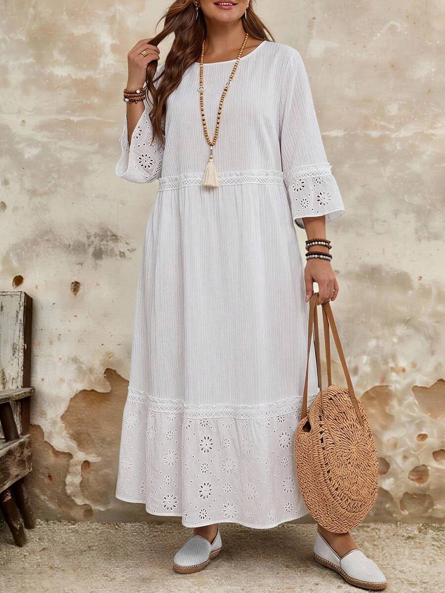 EMERY ROSE Plus Size Women's Hollow Embroidery Round Neck 3/4 Sleeve Ruffle Loose A-Line Midi Dress Casual Beach Vacation Going Out Fall Fashion 2026 - White - View 1