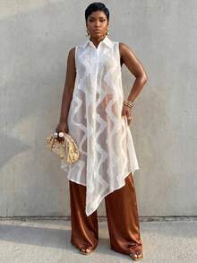 BamGlimmer Women's Lapel Cut-Out Asymmetric Hem Loose Sleeveless Top - Apricot - View 7