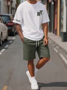 Sorvial Men's Fitted White Knit Top And Army Green Woven Shorts Set, Minimalist Slogan Design - Army Green - View 3