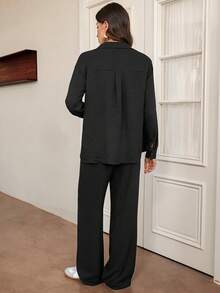 SHEIN Tall Women's Black Woven Embroidered Shirt And Pants Casual Set - Black - View 2