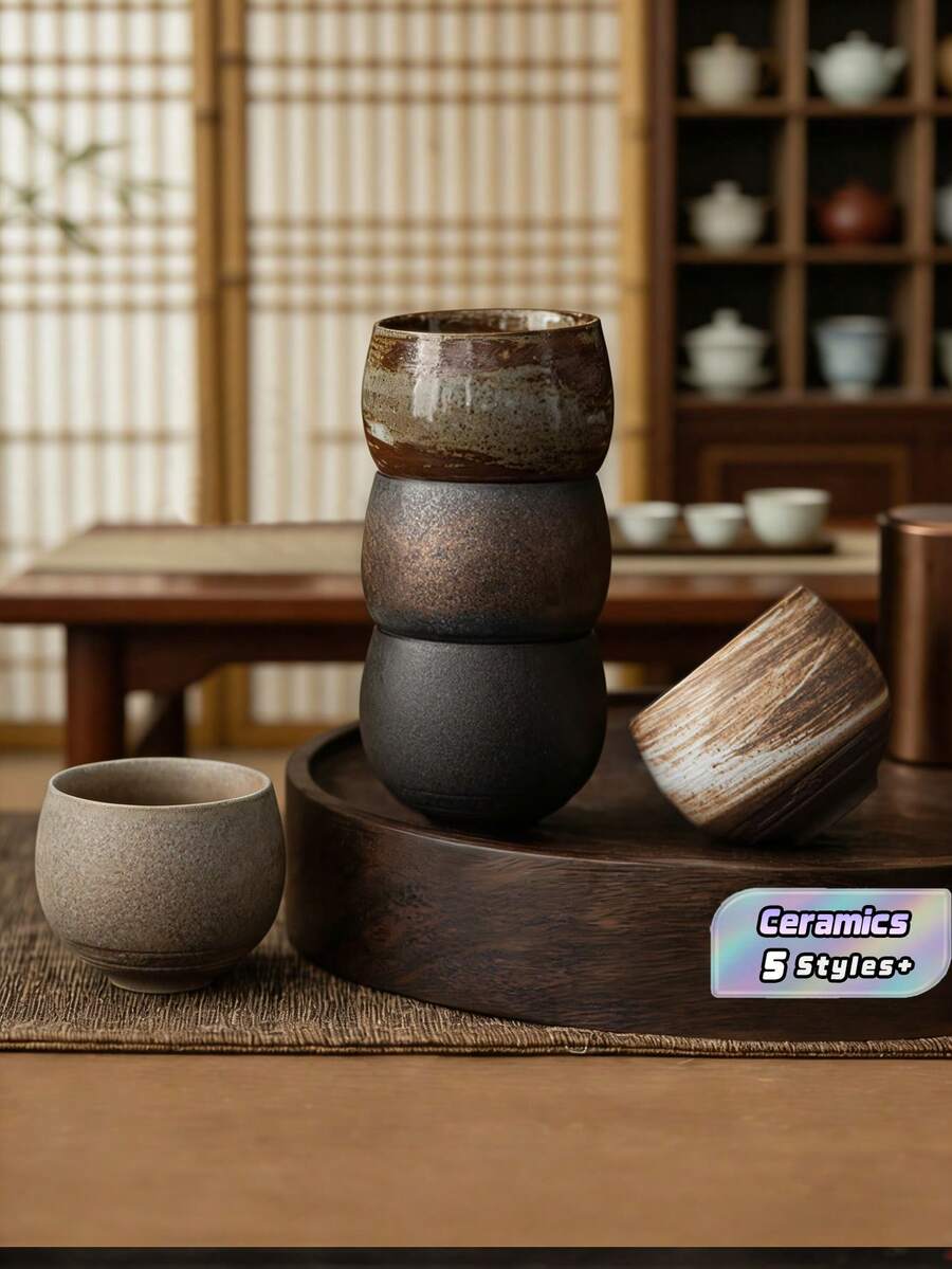 一套手工制作的日式乡村风格古董陶瓷茶具,包括茶杯,可用于功夫茶道,复古风格 - 彩色 - 查看 1