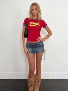 Sundraya Camiseta de manga corta con cuello redondo, estilo deportivo retro estadounidense, contraste de colores y gráfico de letras - Burdeos - Ver 6
