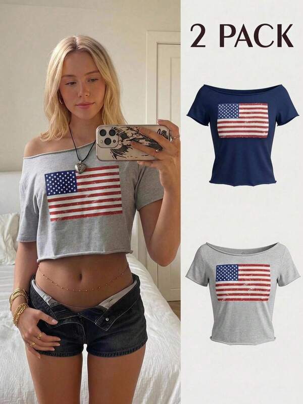 CovetEZ Camiseta casual para mujer con estampado de bandera estadounidense