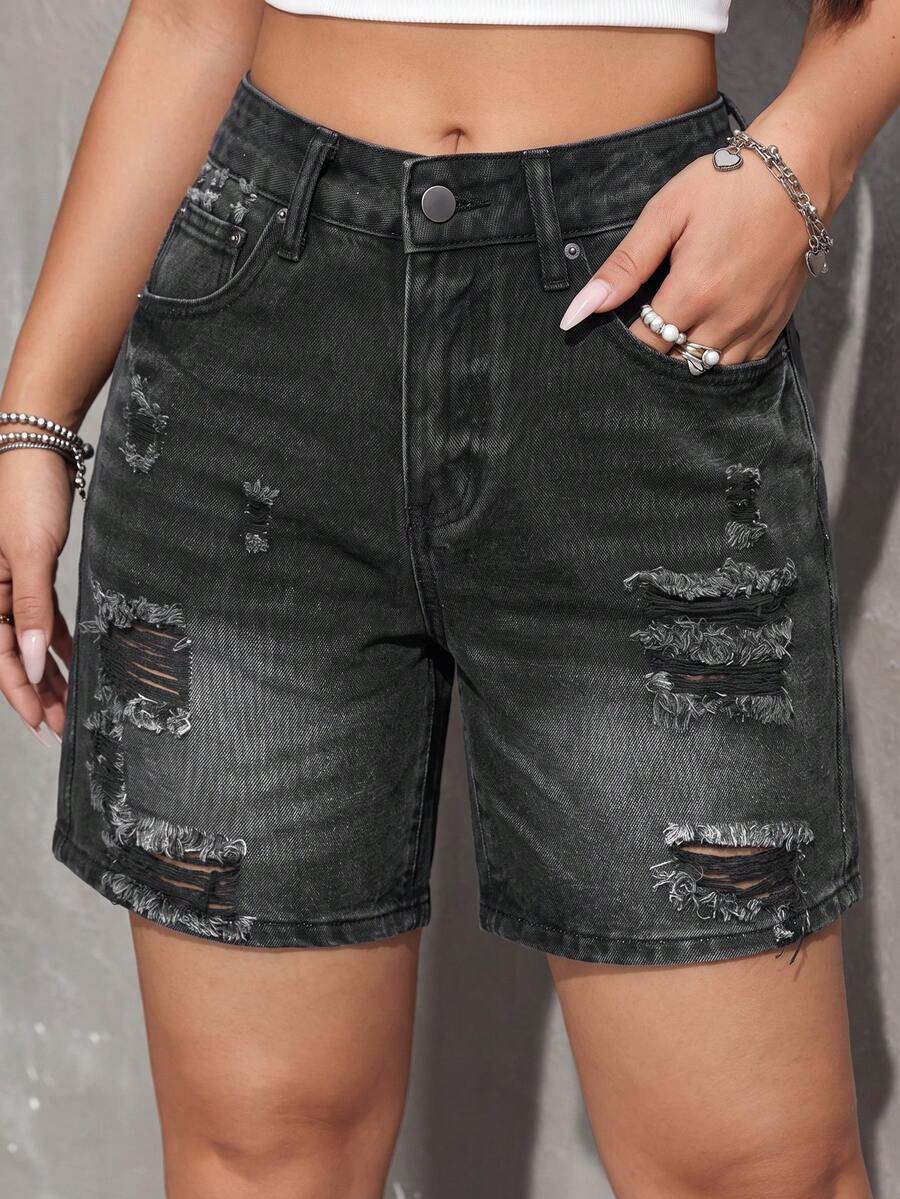 SHEIN PETITE Celana Pendek Denim Kasual Wanita untuk Sehari-hari dengan Saku, Kancing, dan Desain Lusuh (Jorts) - Hitam - View 1