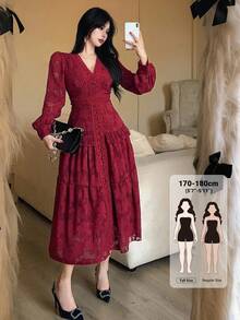 Dazy Tall Women's Deep V-Neck Long Sleeve Cinched Waist Lace Fabric Red Dress Fall - Red - View 1