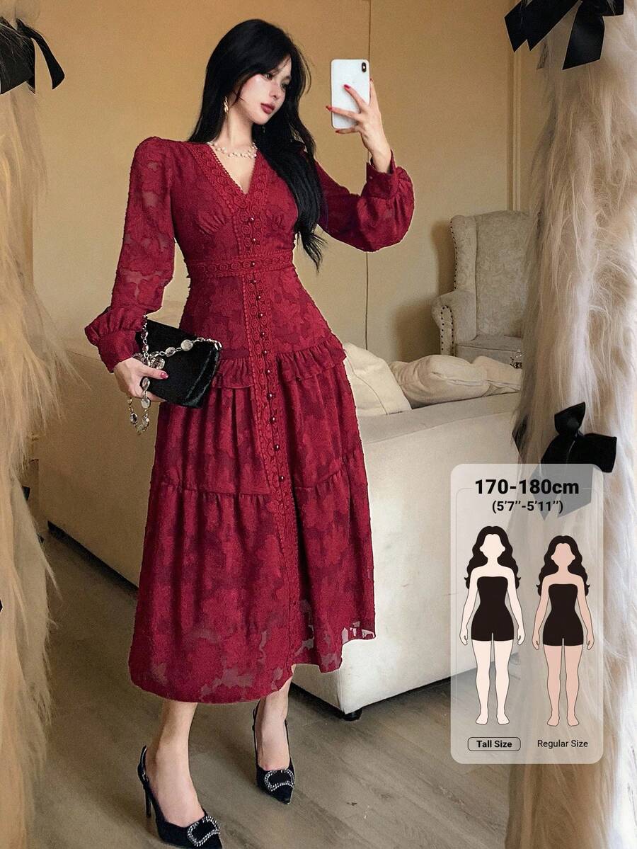 Dazy Tall Women's Deep V-Neck Long Sleeve Cinched Waist Lace Fabric Red Dress Fall - Red - View 1