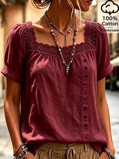 Balvessa Women's White Square Neck Lace Trim Casual Blouse