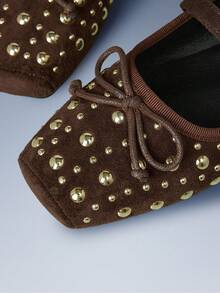 CUCCOO GRLICON Brown Suede Rivet Square Toe Mary Jane Shoes, Buckle Bow Flat Ballet Shoes - Brown - View 3
