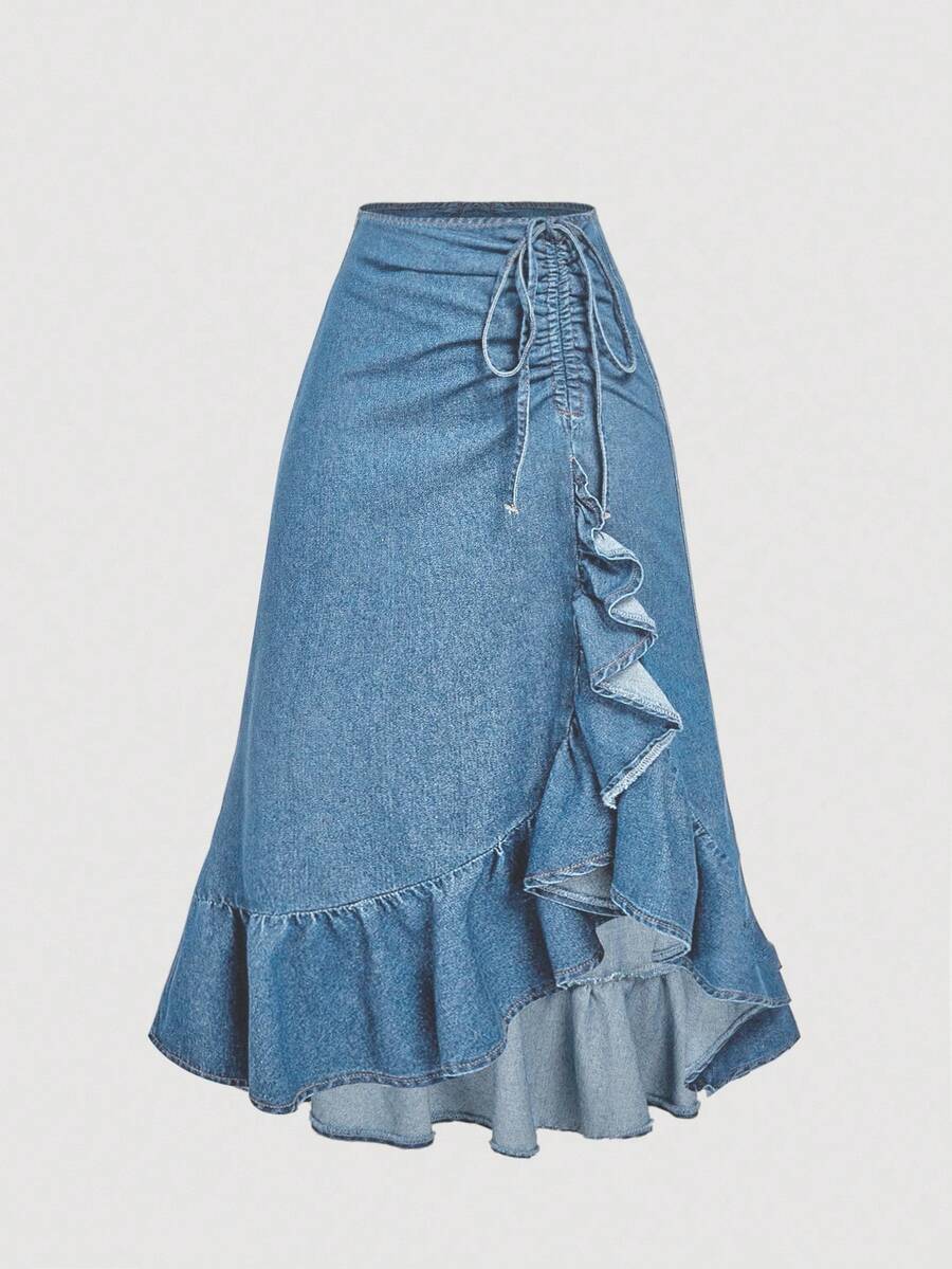 Sweetra Rok Denim Kasual Modis dengan Ikat Pita dan Hem Bergelombang - Medium Wash - View 1