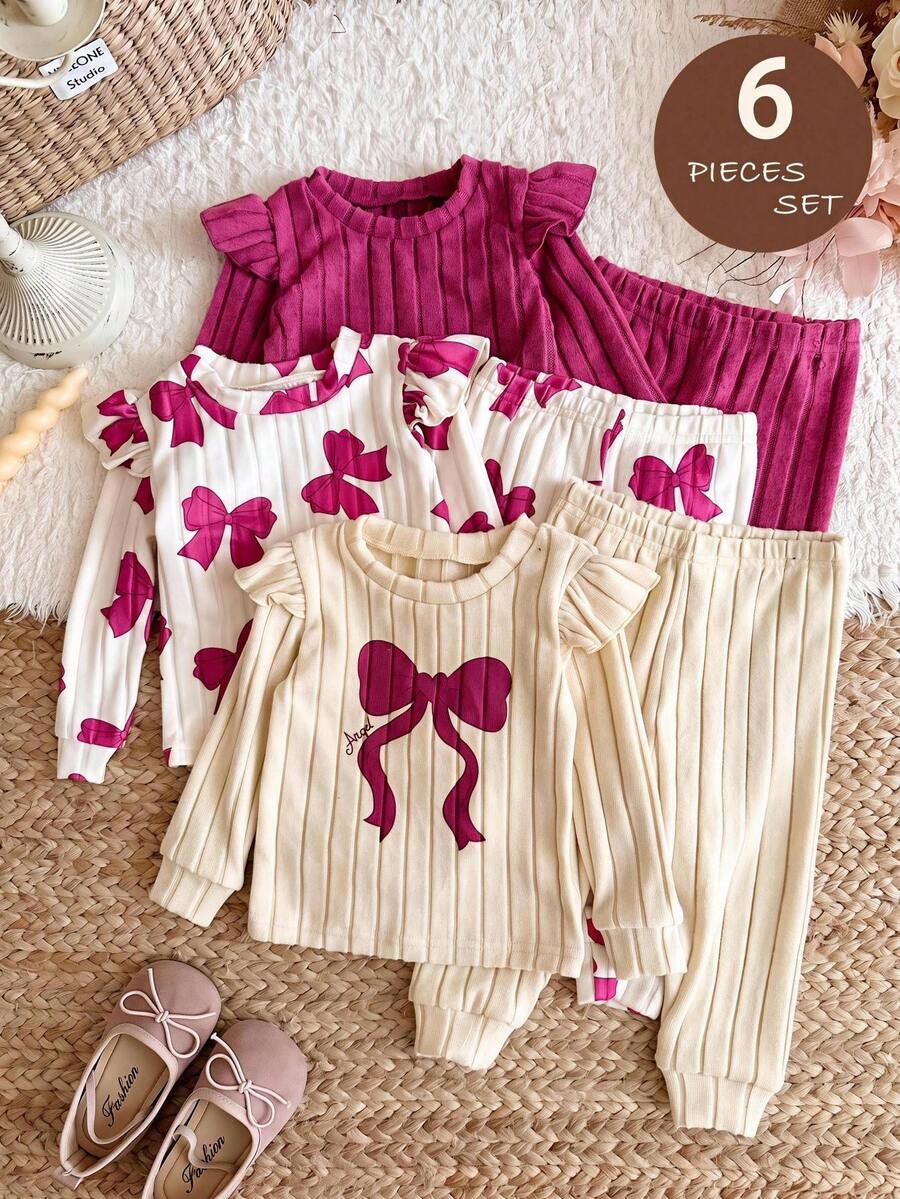 SHEIN Baby Girl Bow Contrast Print Ribbed Brushed Knit Solid Color Round Neck Ruffle Trim T-Shirt And Long Autumn Winter Pants 6pcs Set - Multicolor - View 1
