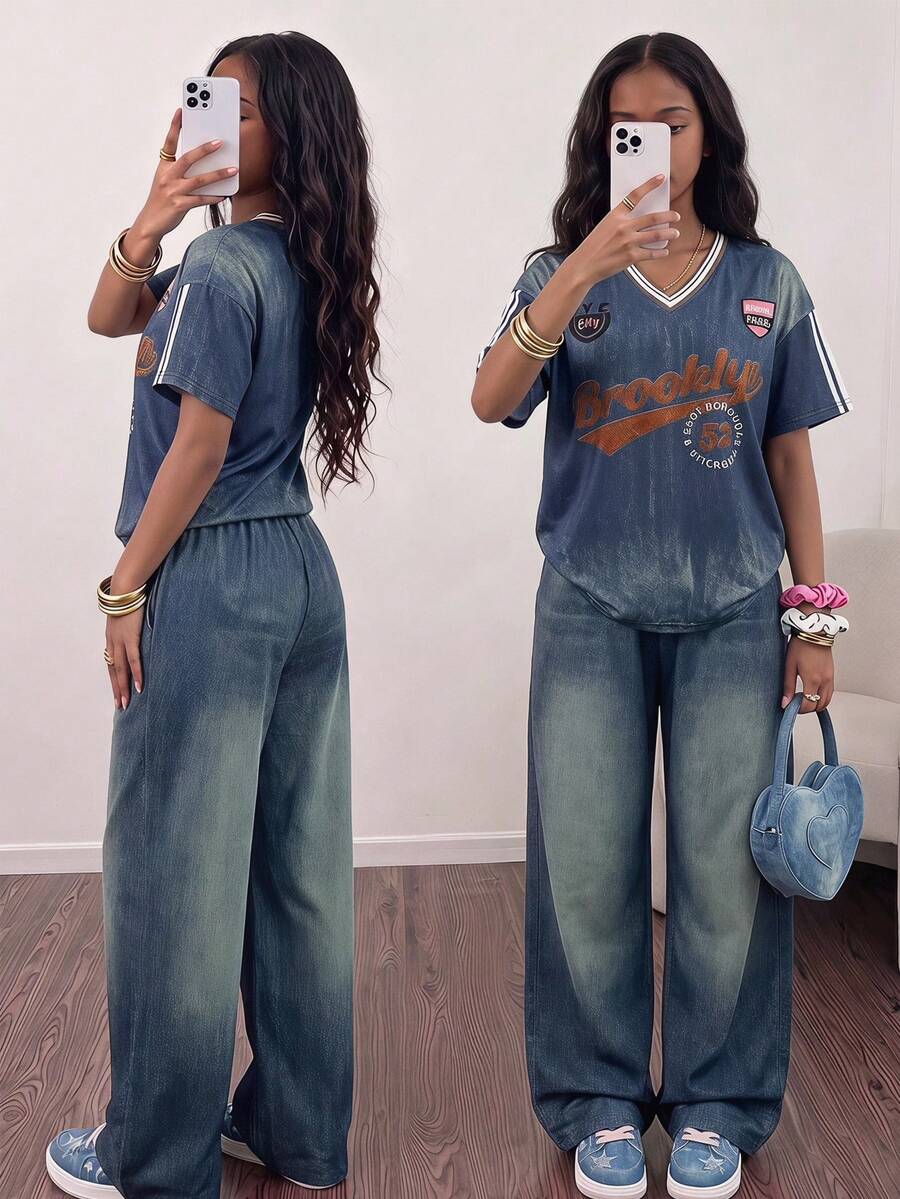 SHEIN Girls' American Retro Pink & White Print Tee & Long Pants Set,Back-To-School,Cute,Vacation - Blue - View 1