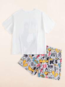 LOONEY TUNES X SHEIN Plus Size Men's Crew Neck Letter Cartoon Print Short Sleeve Top And Shorts Casual Daily Home Sleepwear Set - White - View 2