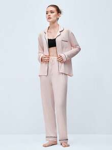 Softvol 2 件女式缺口领长袖睡衣套装 - 舒适休闲睡衣和家居服 - 粉色 - 查看 7