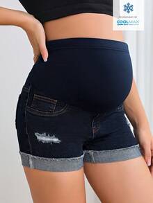 SHEIN 孕婦可調腰圍破洞休閒牛仔短褲 - 深色水洗藍 - 查看 4