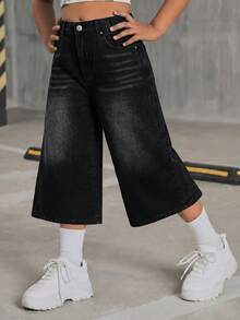 Tween Girl Casual Washed Loose Wide Leg Jeans - Black - View 9
