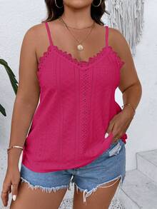 Vionelle Plus Size Sexy Lace Patchwork Hollow Out Cami Tank Top For Vacation - Hot Pink - View 3