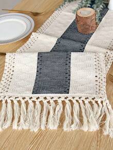 Zazumi 1PC Boho Woven Tassel Table Runner , Striped Crochet Lace Table Decoration , Dining Table Decor , For Kitchen Dining Room Party Tabletop , Christmas Decrotions , Fall Decor, Fall Decor For Home, Christmas Ornaments - Grey - View 2